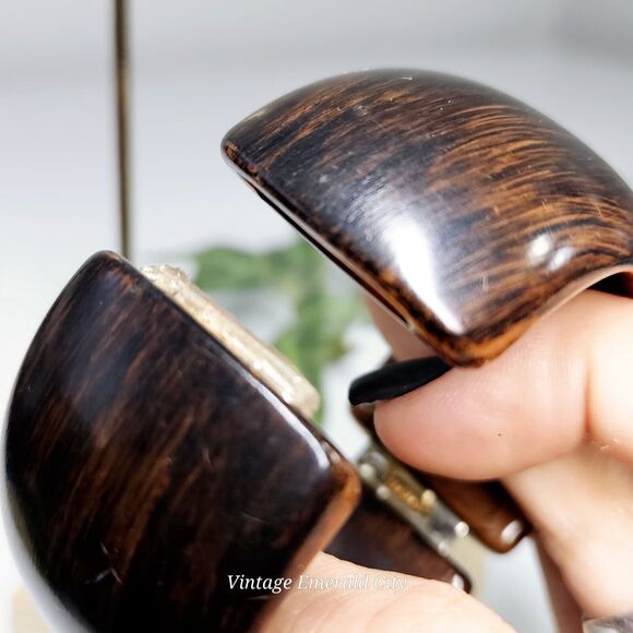 Rustic Radiance Hinged Cuff Bracelet Plastic Brown & Amber Magnetic Clasp Bangle - Picture 10 of 14